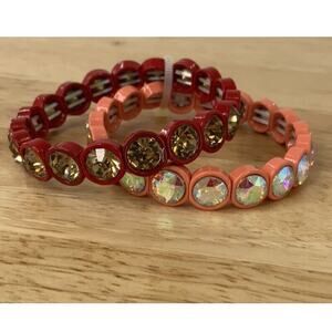 AB Rhinestone Red & Coral Stretch Bracelets Set of 2 Fashion Jewelry